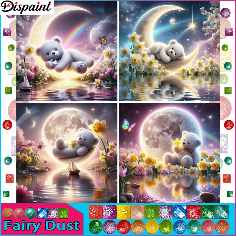 Dispaint Fairy Dust AB "Bear Animal Moon" Diamond Painting 5D Full Square/Round Drill Home Decor DIY Diamond Embroidery Cross