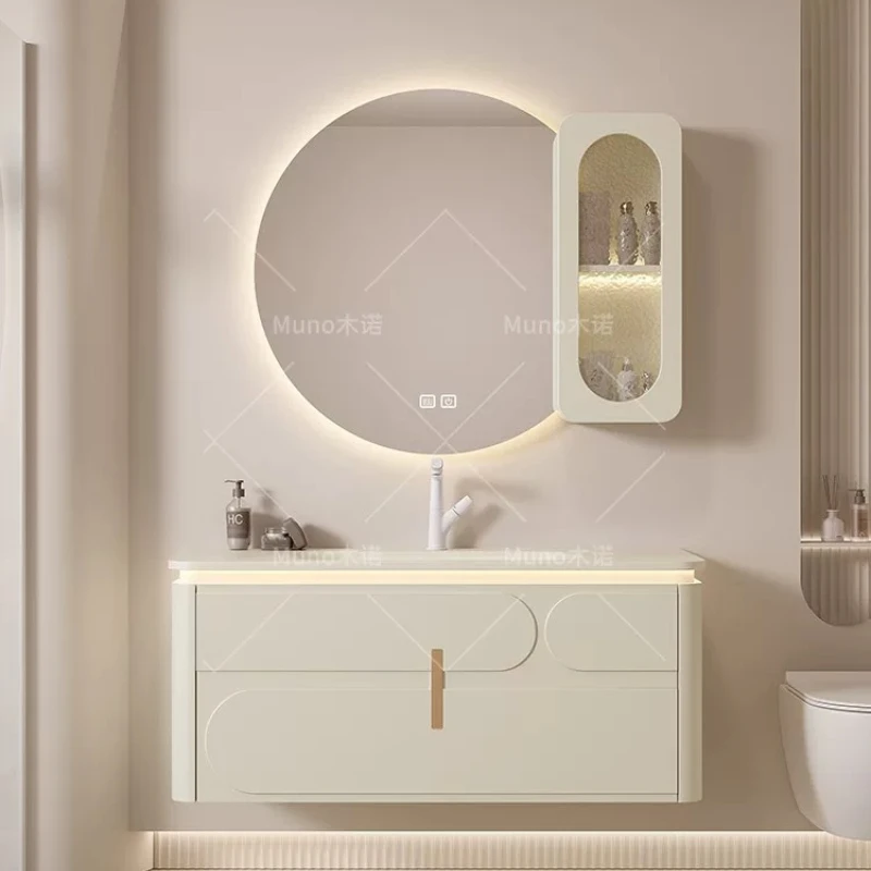 French Cream Style Bathroom Vanity with Sintered Stone Integrated Sink Oak Cabinet Combo with Round LED Mirror home furniture
