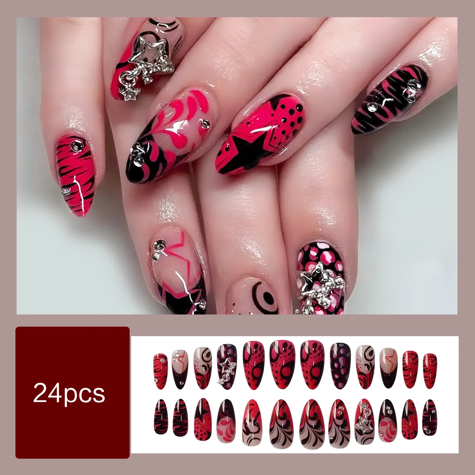 24PCS Red Black Fake Nails with Metal Star Decor Y2k Almond False Nail Tips for Women Wearable French Almond Press on Nails