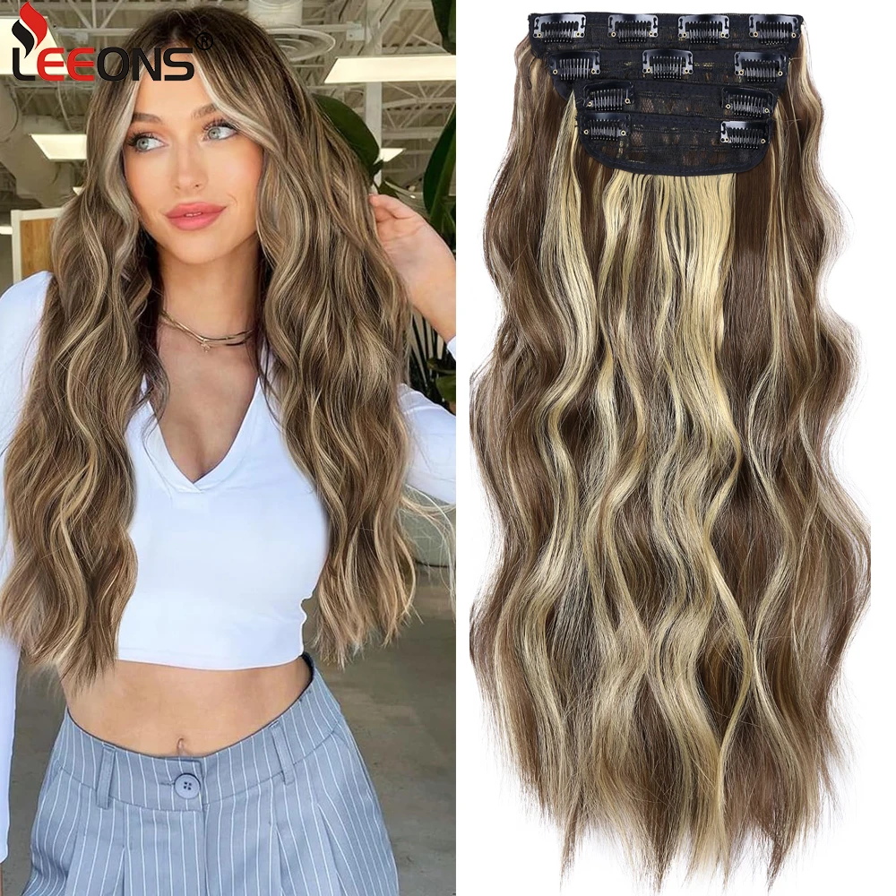 

20 Inch Clip In Synthetic Hair Extension Long Wavy 4Pcs Thick Hairpieces Black Brown Fiber Double Weft Hair Extensions For Women