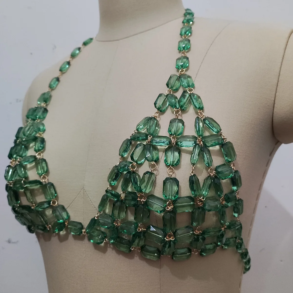 Sexy Green Beaded Crystal Camisole Chest Bra Lingerie Chain Women Bikini Elegant Festival Nightclub Body Jewelry Y2K Accessories