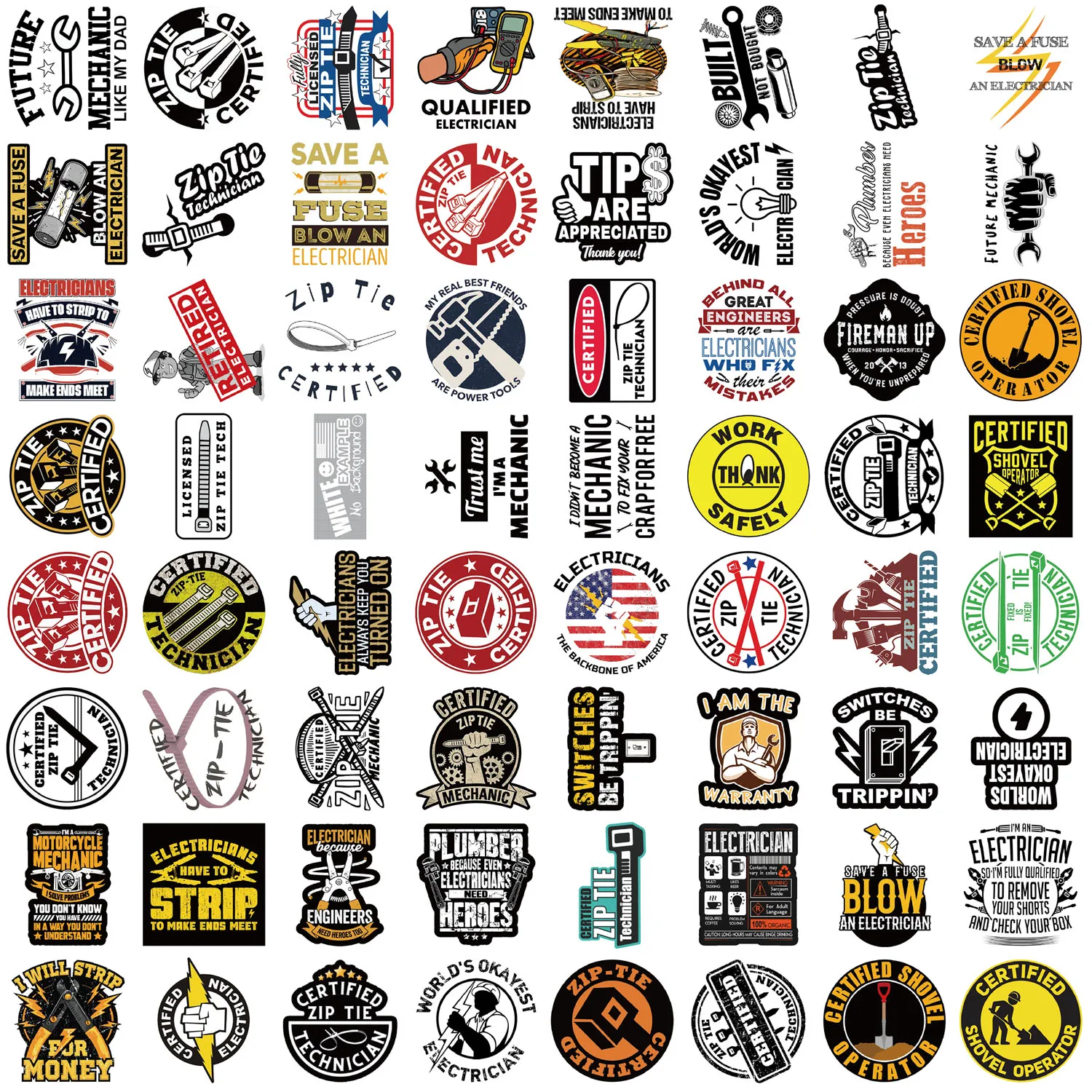 65PCS Zipper Certification Funny technician Mechanic Electrician Stickers Laptop Luggage Guitar Skateboard Cars Decals Stickers