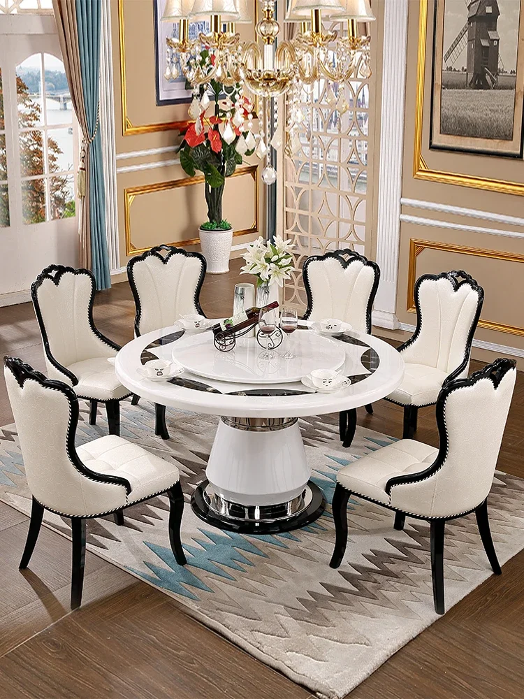 European marble round dining table and chair combination of black and white simple modern light luxury with turntable table