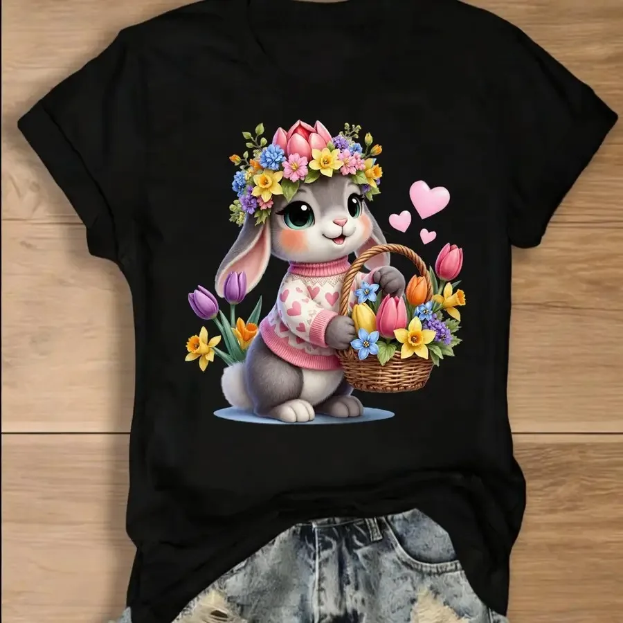 

【New style】Cute Cartoon Rabbit with Flowers and Heart T-Shirt 100% Crew Neck Fashion Breathable Streetwear Casual Versatile T-S