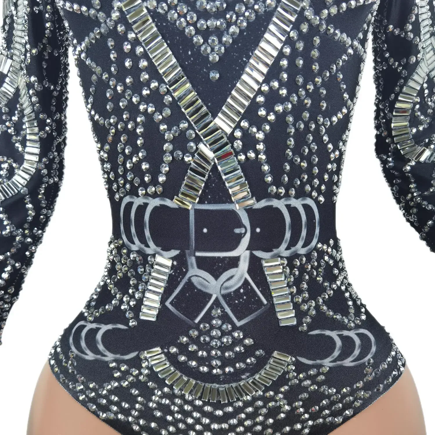 Party Nightclub Women Crystals Elastic Leotard Silver Rhinestones Long Sleeve Bodysuit Bar DJ Singer Jazz Dance Team Costumes