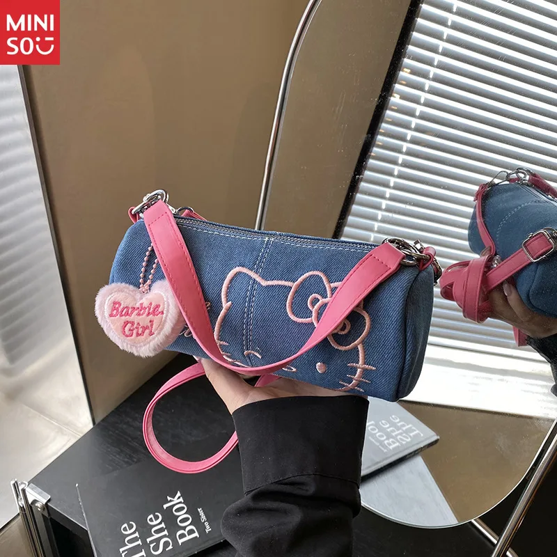 Miniso Cylinder Denim Hello Kitty Bag, Embroidered Tote for Work & Casual Use