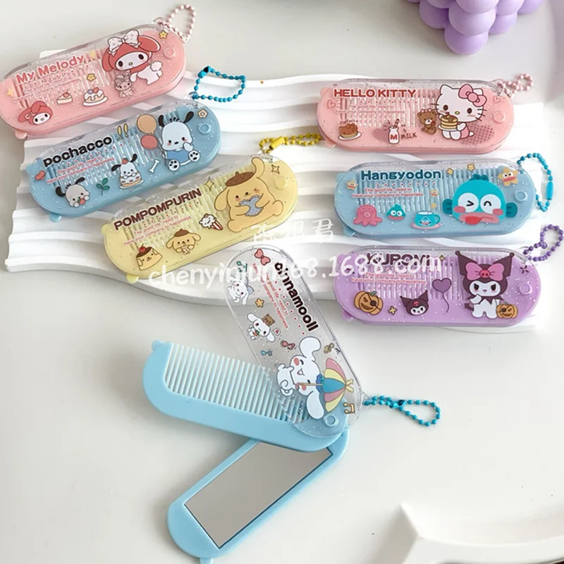 새로운 만화 Sanrio 헬로 키티 접이식 거울 및 빗 Cinnamoroll Kuromi 멜로디 미니 휴대용 메이크업 거울 소녀 선물 어린이 장난감