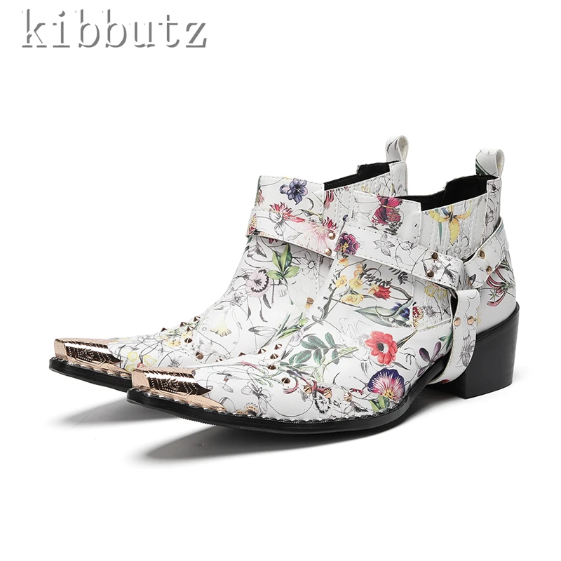 تصميم جديد معدن تو الرجال تشيلسي الأحذية جلد طبيعي يطبع الكعب الأوسط حذاء من الجلد الذكور موضة فستان الحفلات الأحذية