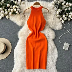 YuooMuoo Women Dress Sexy Hollow Out Waist Wrap Hips Knitted Mini Dress Women Sleeveless Slim Elastic Bodycon Summer Dress