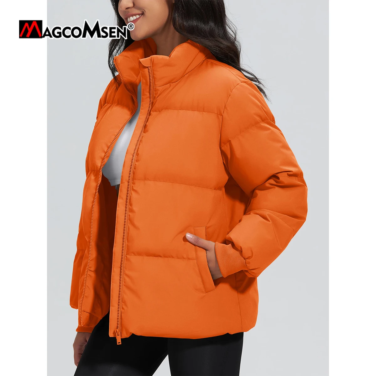 MAGCOMSEN Winter Padded Quilted Down Jacket Womens Stand Collar Zip Up Warm Windproof Puffer Coat Waterproof Snow Parkas Jacket