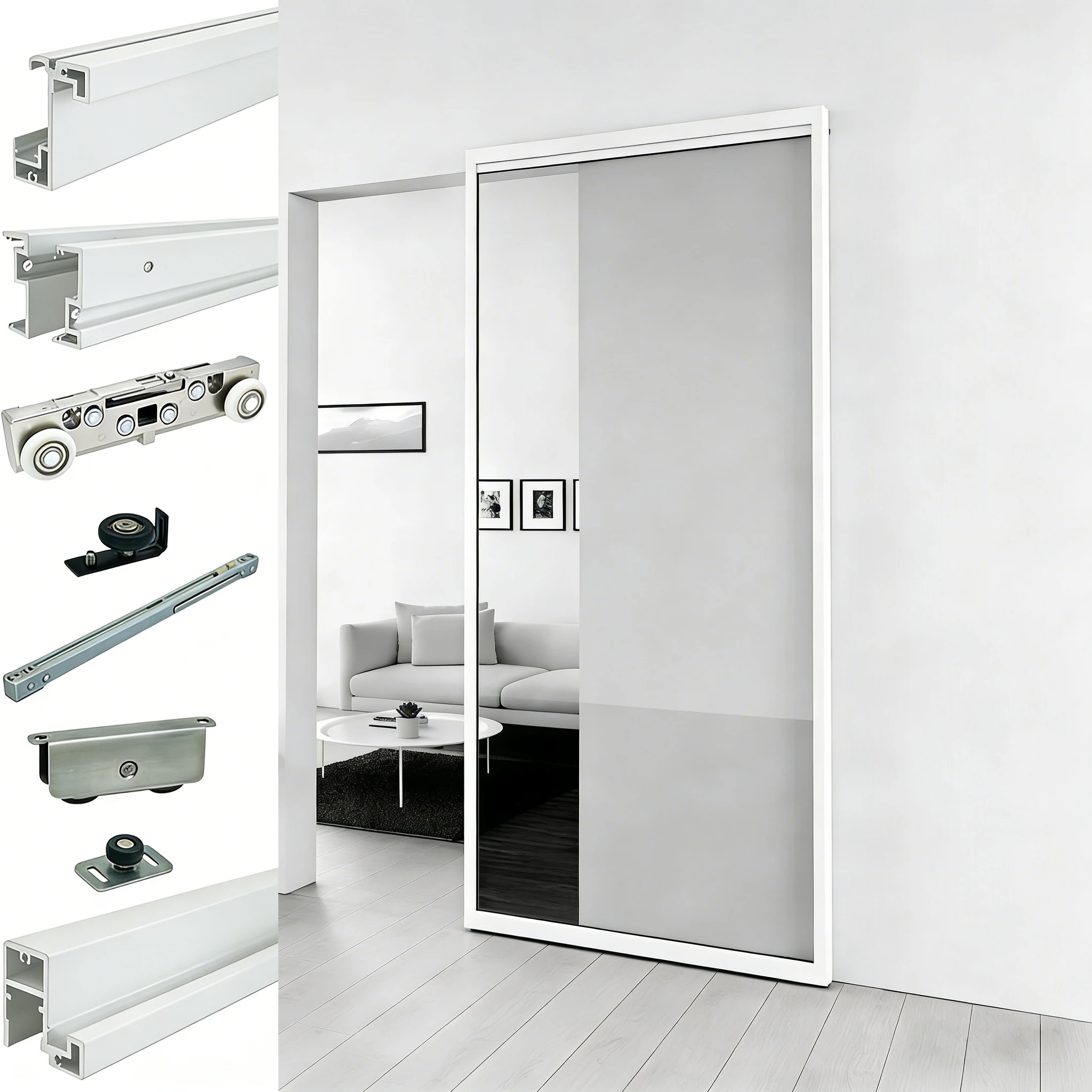 White Aluminum Profile Hidden Mirror Ghost Sliding Door System Soft Closing Magic Invisible Sliding Door Accessories Kits