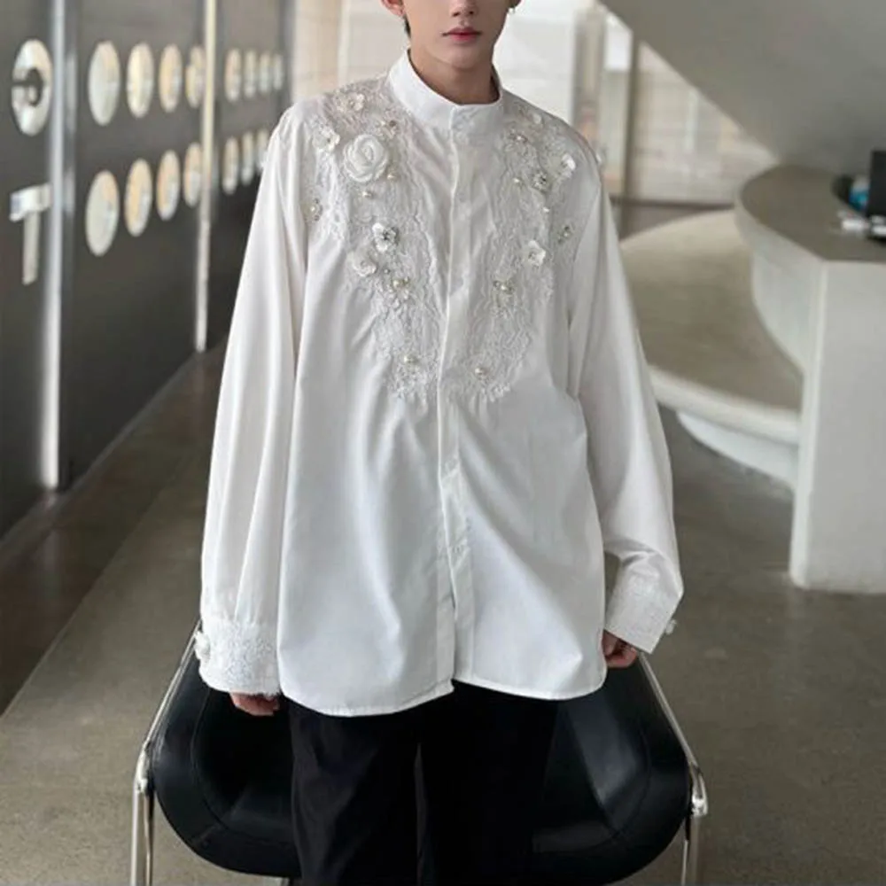 

Осенняя мужская рубашка с длинными рукавами и объемным цветком, французский ретро-модный тренд, свободный повседневный нишевый мужской топ High Street, 2025 г.