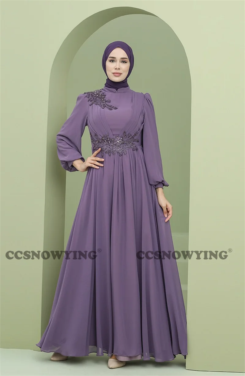 

Muslim Chiffon Appliques Long Sleeve Evening Dresses High Neck Islamic Formal Party Gowns Saudi Arabia Dubai Robe De Soiree