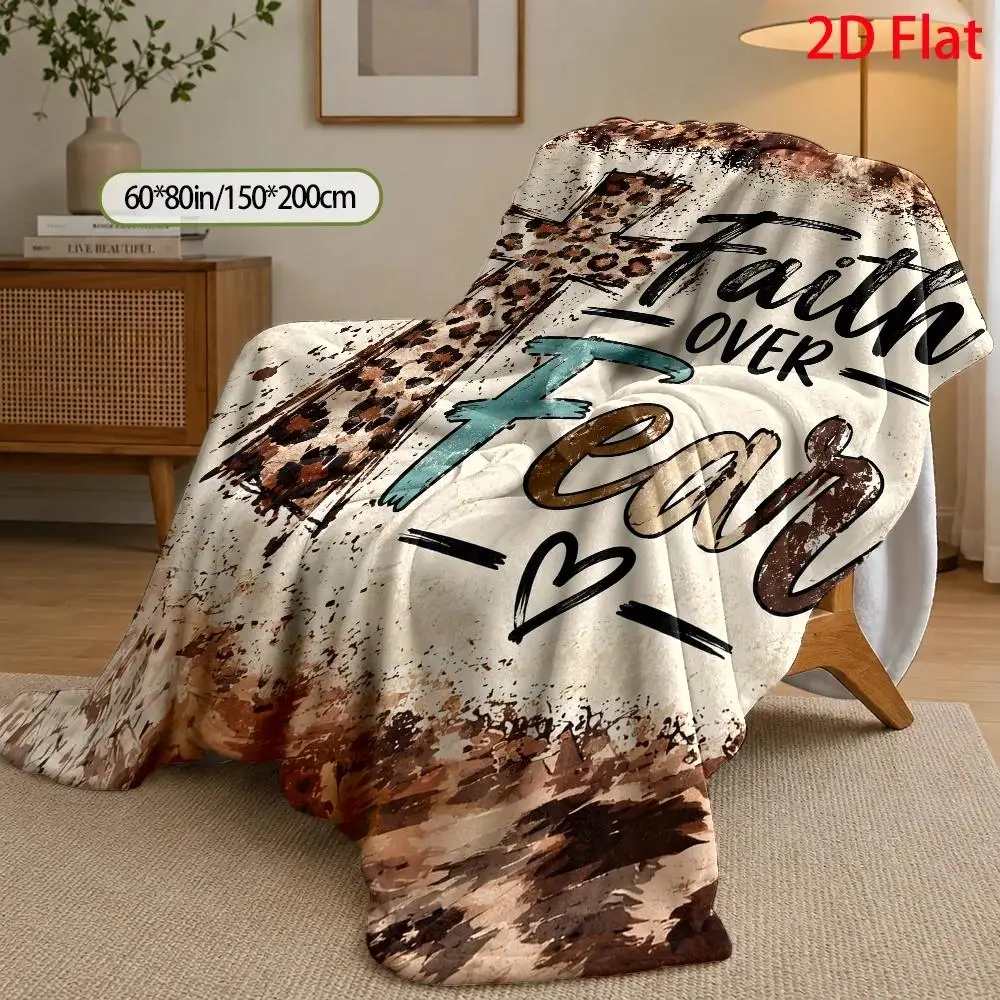Faith Over Fear Christian Flannel Blanket Leopard Cross Inspirational Quote Throw Blanket for Sofa Bed Couch Bedroom Living Room Religious Home Decor Church Gift Cozy Nap Blanket Office Travel Faith Bedding Encouragement Gift Spiritual Room Accent
