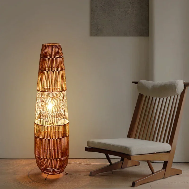 Vinatge Wicker Floor Lamp Retro Hemp Rope Lamp for Living Room Corner Bedroom Teahouse Decor LED Bedside Rattan Standing Lamp