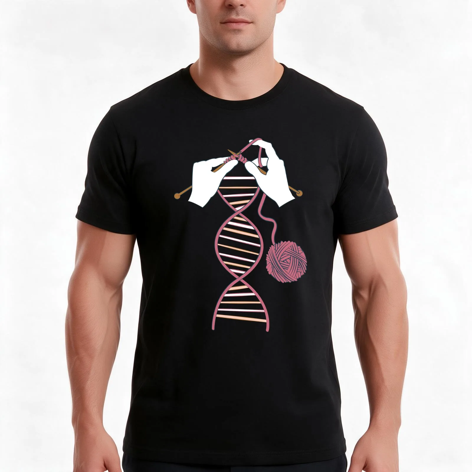 Knitting DNA // blue background bordeaux and pink rosé wool balls and knit details T-Shirt Summer Casual Cotton Tee