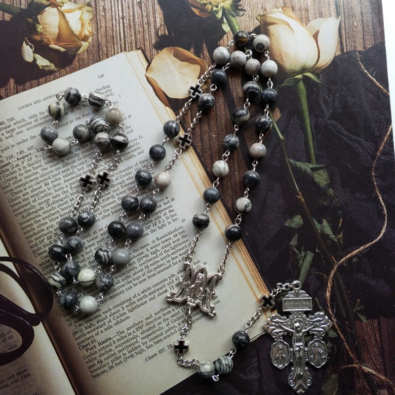 Rosary Black Stone Beads Necklace with Jesus Crucifix for Cross Pendant Necklaces Religious Prayer Gifts for Men Women Jewelry