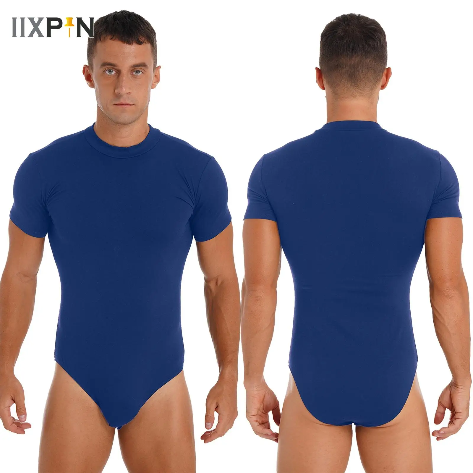 

Mens Crew Neck Bodysuit Short Sleeve Jumpsuit Press Crotch Underwear Adult Leotard for Shapewear Compression Romper Undershirt