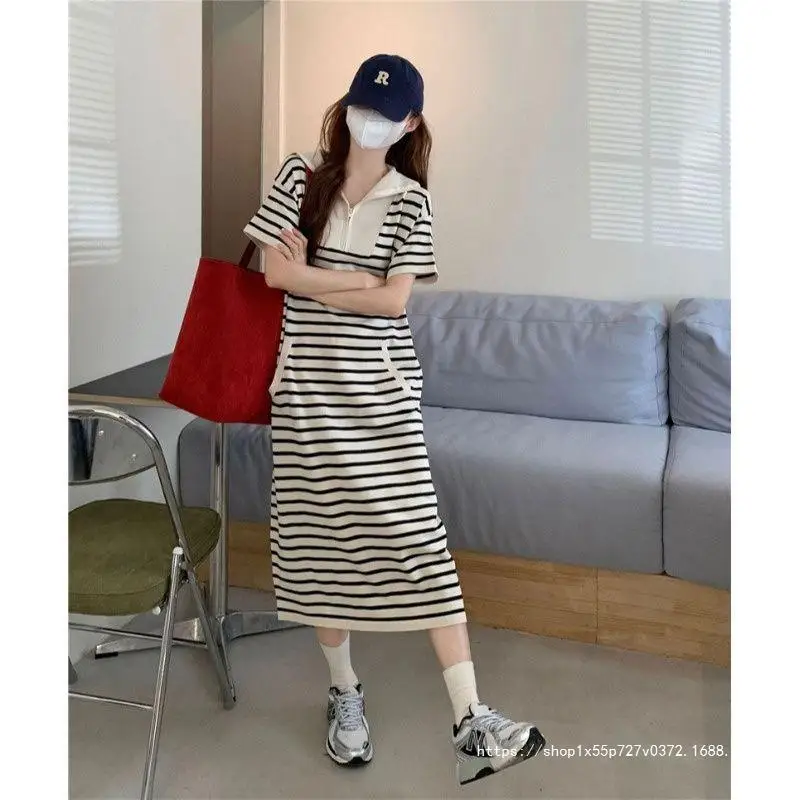 Polo Fashion Lapel Zipper Spliced Striped Casual Dresses Female Clothing 2024 Summer New Loose Korean Short Sleeve Midi Dress