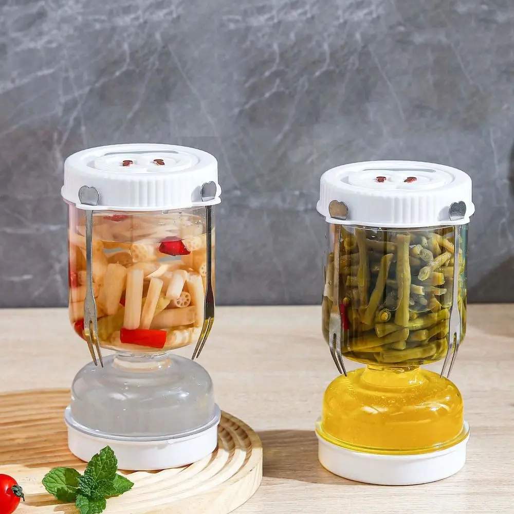 Tarro separador de jugo de pepinillos de 50oz, recipiente de oliva de pepinillos con forma de reloj de arena a prueba de fugas, plástico con tenedor, deshidratador de verduras, jalapeño