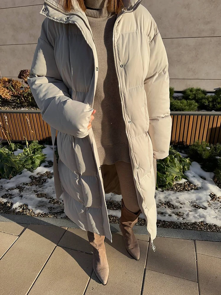 冬用フード付きロングレースアップダウンジャケット レディース ホワイトダックダウン 暖かい膝丈コットンジャケット 女性用暖かい厚手パーカー アウター