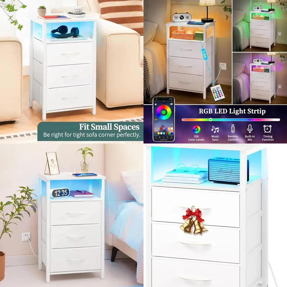 

LED-lit Charging Nightstand with 3 Drawers, USB Ports, Outlets, and Storage Shelf for Small Spaces in White