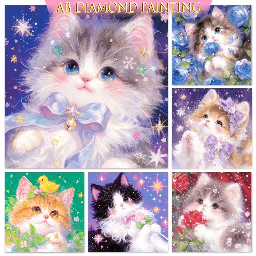 Wallpaper Art And Craft - ภาพวาดเพชร AB ลายแมวน่ารัก แบบเต็มสี่เหลี่ยมและแบบวงกลม งานปักเพชรโมเสก ภาพสัตว์ตกแต่งผนังบ้าน