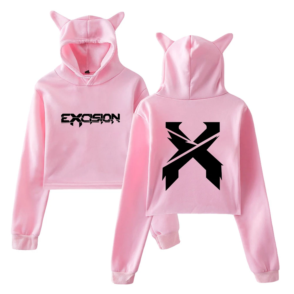 Excision Merch 커버 풀오버 2024 넥서스 투어 여성 고양이 귀 후디, 긴팔 스트리트웨어 크롭탑 여성 의류