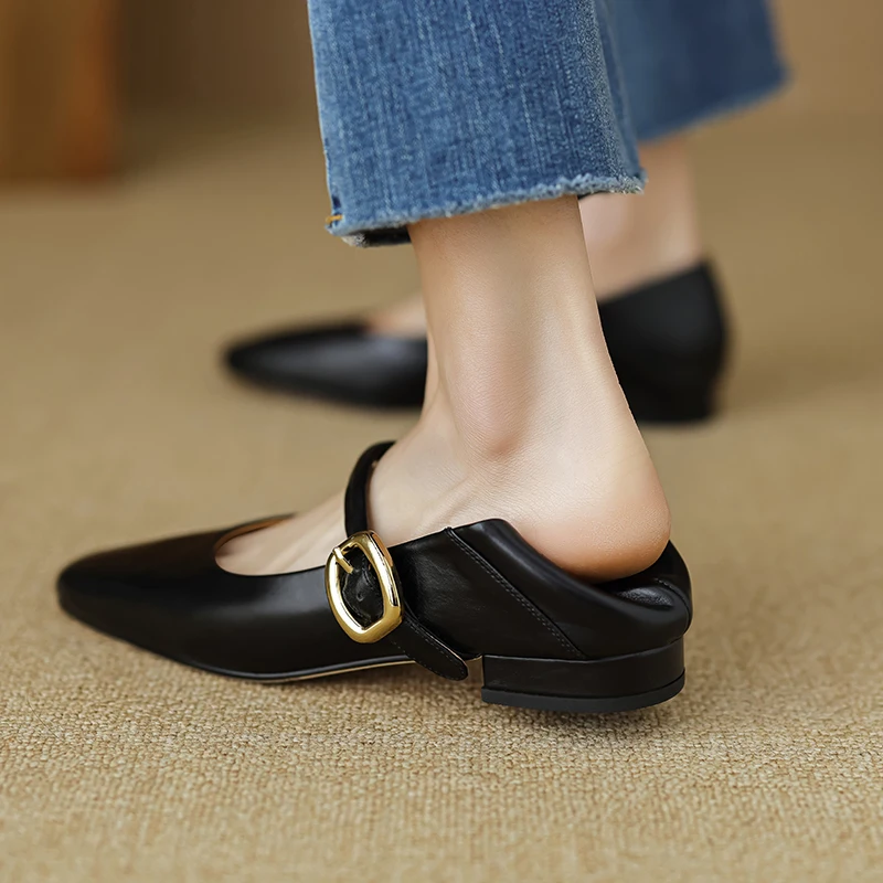 Low Heels Women Pumps Fashion Buckle Strap Mary Janes Genuine Leather Spring Summer Casual Working Shoes Woman 2024 White Heels