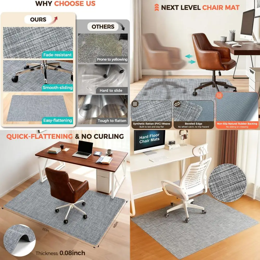 

Прочный коврик для стула из твердой древесины 48x60 — гладкая скользящая, нескользящая защита для настольного стула для домашнего офиса — черный