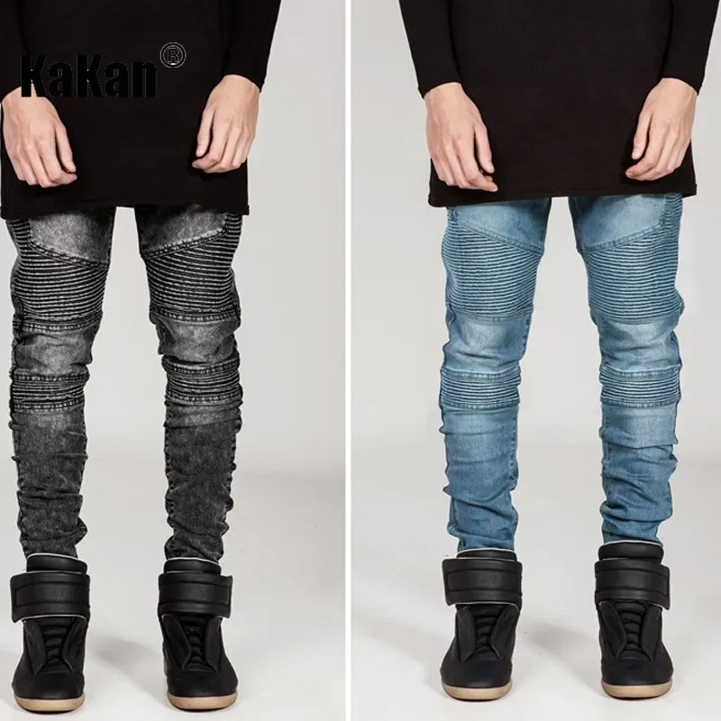 Kakan - European and American New Trendy Motorcycle Jeans for Men, Wrinkled Slim Fit Small Foot Elastic Long Jeans K7-3801