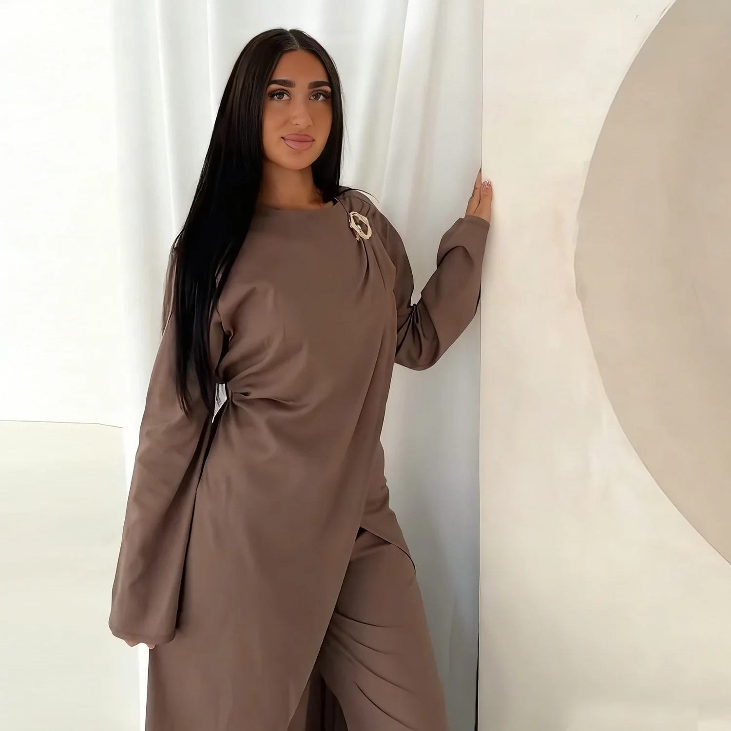 

Eid Crinkle Muslim Sets Women Maxi Tops Pants Dubai Abaya Dress Kaftan Islam Clothing Arabic Robe Suit Femme Musulmane Ensembles