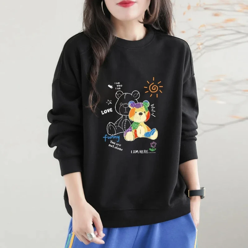 Pullover Letter Cartoon Printing Crew Neck Women\'s Clothing Hoodies Lantern Long Sleeve Loose Comfortable Spring Autumn Tops