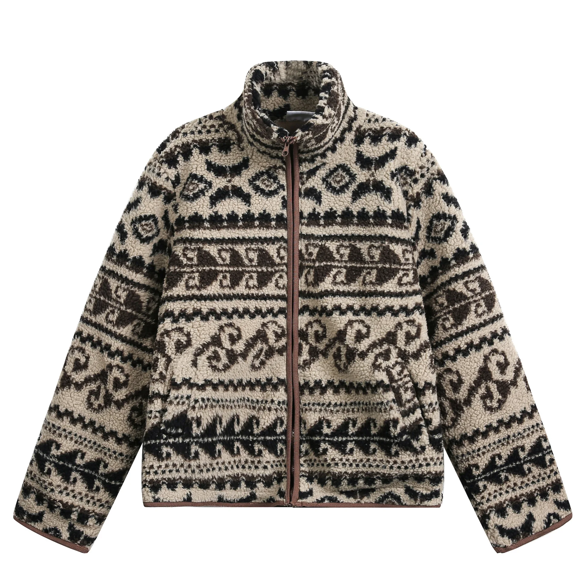 

Japanese Retro Ethnic Lamb Wool Stand Collar Jacket Unisex Loose Fair Isle Fleece Workwear Coat Autumn Winter