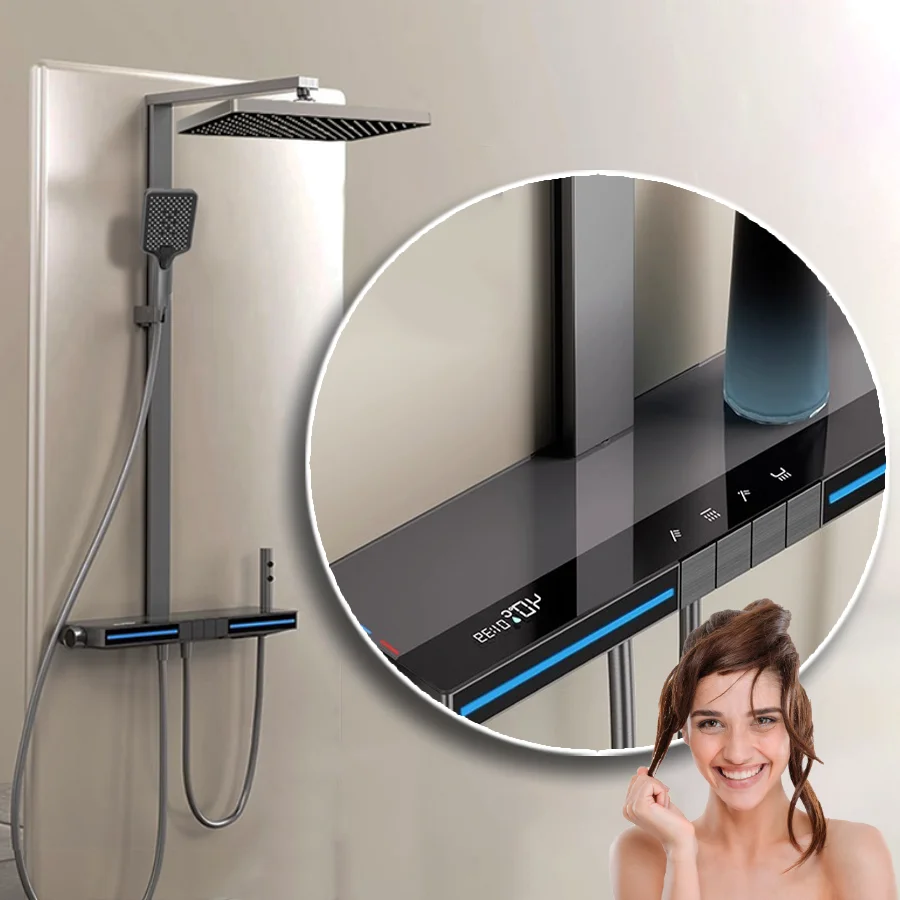 2024 LED light intelligent multi-function bathroom shower set with piano button rain modern waterfall shower set