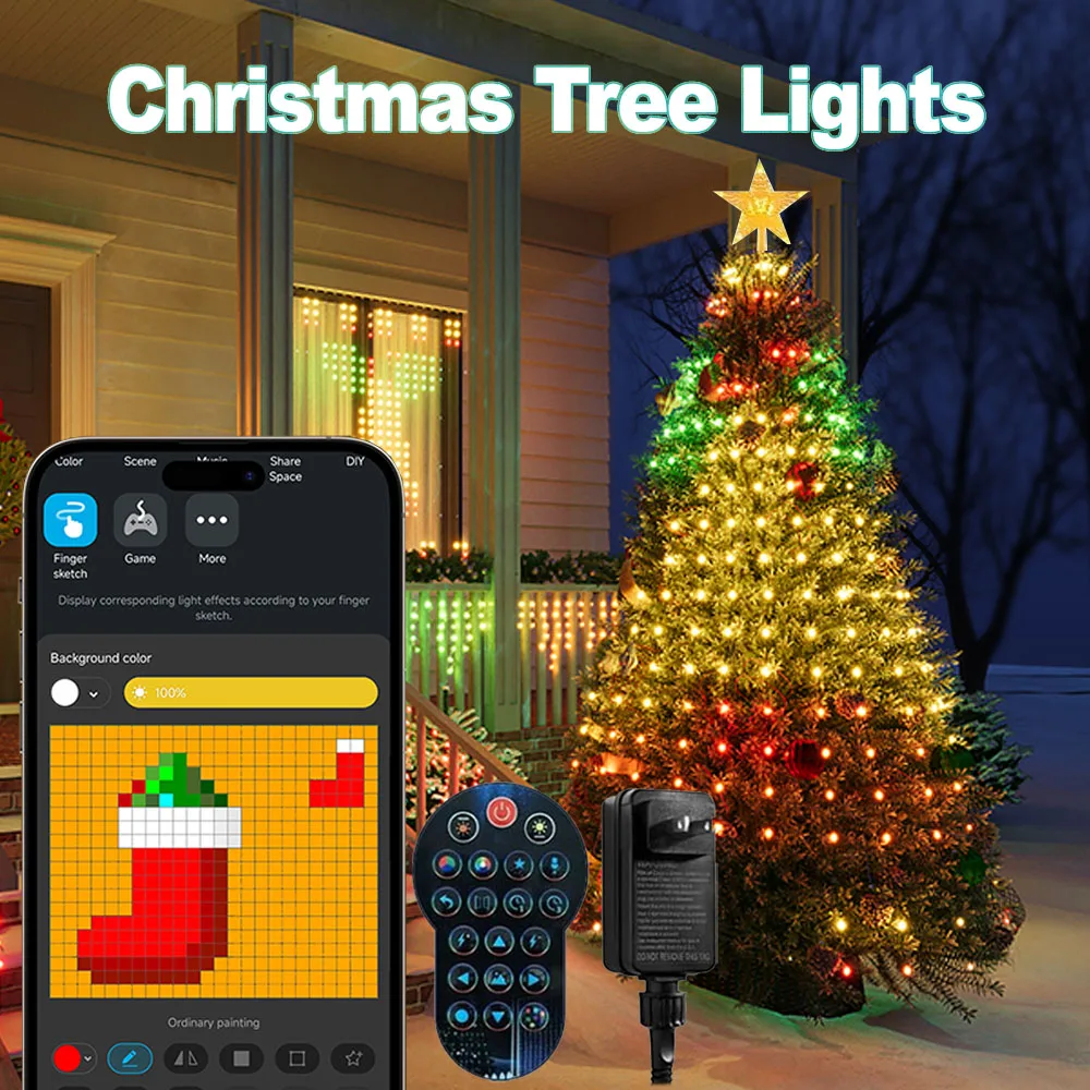 Lampu Pohon Natal Pintar 400LED 1.8M, Kontrol Aplikasi Sinkronisasi Musik Pola DIY Timer Teks untuk Dekorasi Liburan Halloween Natal