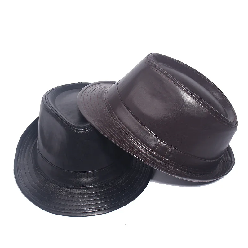 Autumn and Winter New British Fashion Korean Version Big Eave Top Hat Retro PU Imitation Leather Jazz Men\'s Hat