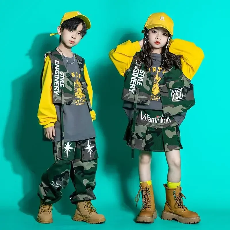 Hip Hop Girls Loose Sweatshirt Camouflage Skirt Boys Military Cargo Pants Street Dance Child Streetwear Kids Jazz Clothes Sets