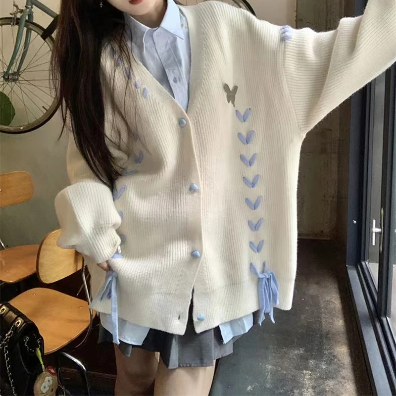 Y2k Bandage Women Sweaters Cardigan Korean Butterfly Knitted Female Loose Sweaters Preppy Style New All Match Chic Ladies Tops