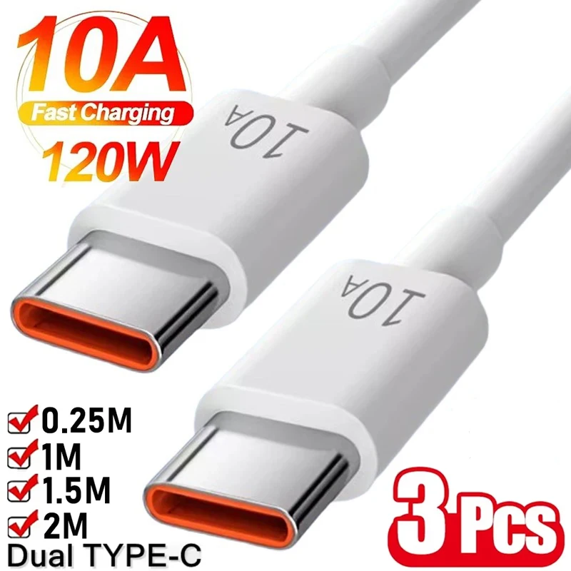 

3Pcs 120W 10A USB C To Type C Cable Dual Type-C Ports Fast Charging PD Charger Data Cable For iPhone 16 15 Samsung Xiaomi Huawei