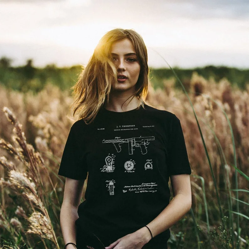 1922 طومسون رشاش براءات تي شيرت تومي بندقية براءات الاختراع العصابات بندقية بندقية تي شيرت سلاح براءات بندقية براءات آلة القمم