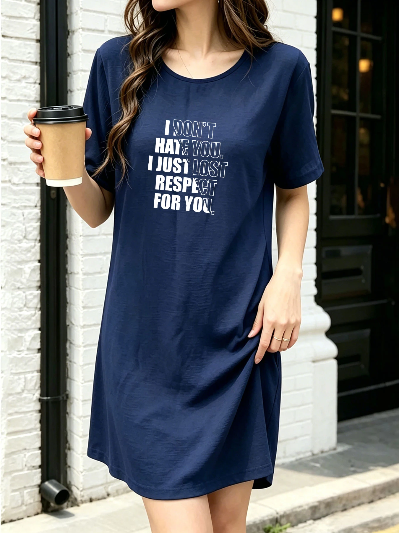 Summer Thin Breathable Personalized T-Shirt Dress with English Phrase Print, Loose Mid-Length Dress, Street Style
