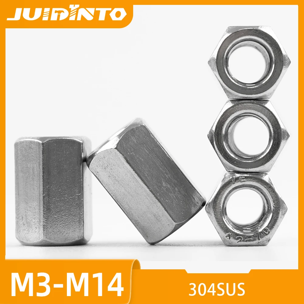 JUIDINTO 1-3pcs Extend Long Hex Coupling Nuts 304 Stainless Steel Standoff Rod Connector Thread Nuts M3 M4 M5 M6 M8 M10 M12 M14