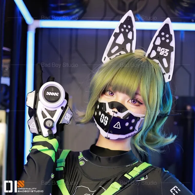 Jogo cyberpunk cosplay máscara orelhas de gato headwear acessórios feminino ficção científica mecânica mechs máscara mão armadura cosplay adereços dia das bruxas