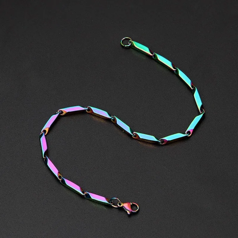 Iridescent Rainbow Rhombus Chain Jewelry Set Stainless Steel Necklace Bracelet Unisex Punk Hip Hop Y2K Shifting Street Jewelry
