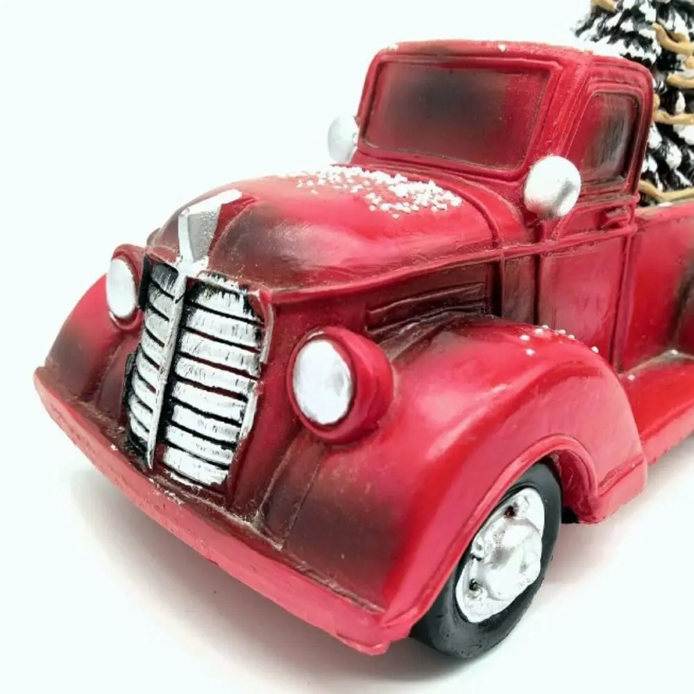 Vintage Christmas Truck Ornaments Resin Lifelike Red Truck Desktop Ornaments with Tree Simulation Red Truck Model New Year