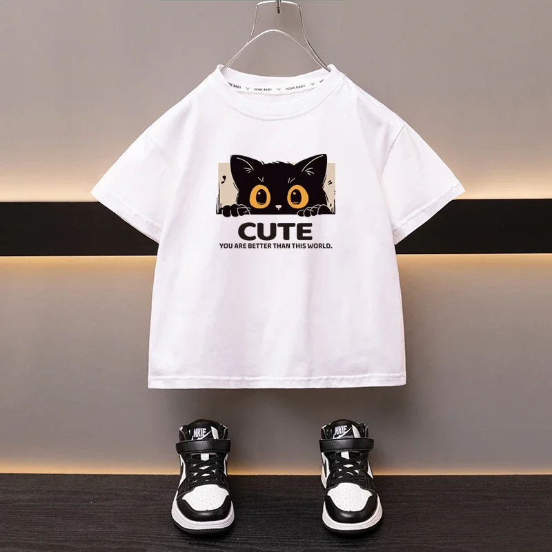 

100% Cotton Children's T-shirt Japan Cartoon Cute Cat Girl's Top High Quality Boys Round Neck Black Tees Printed Clothing 2024