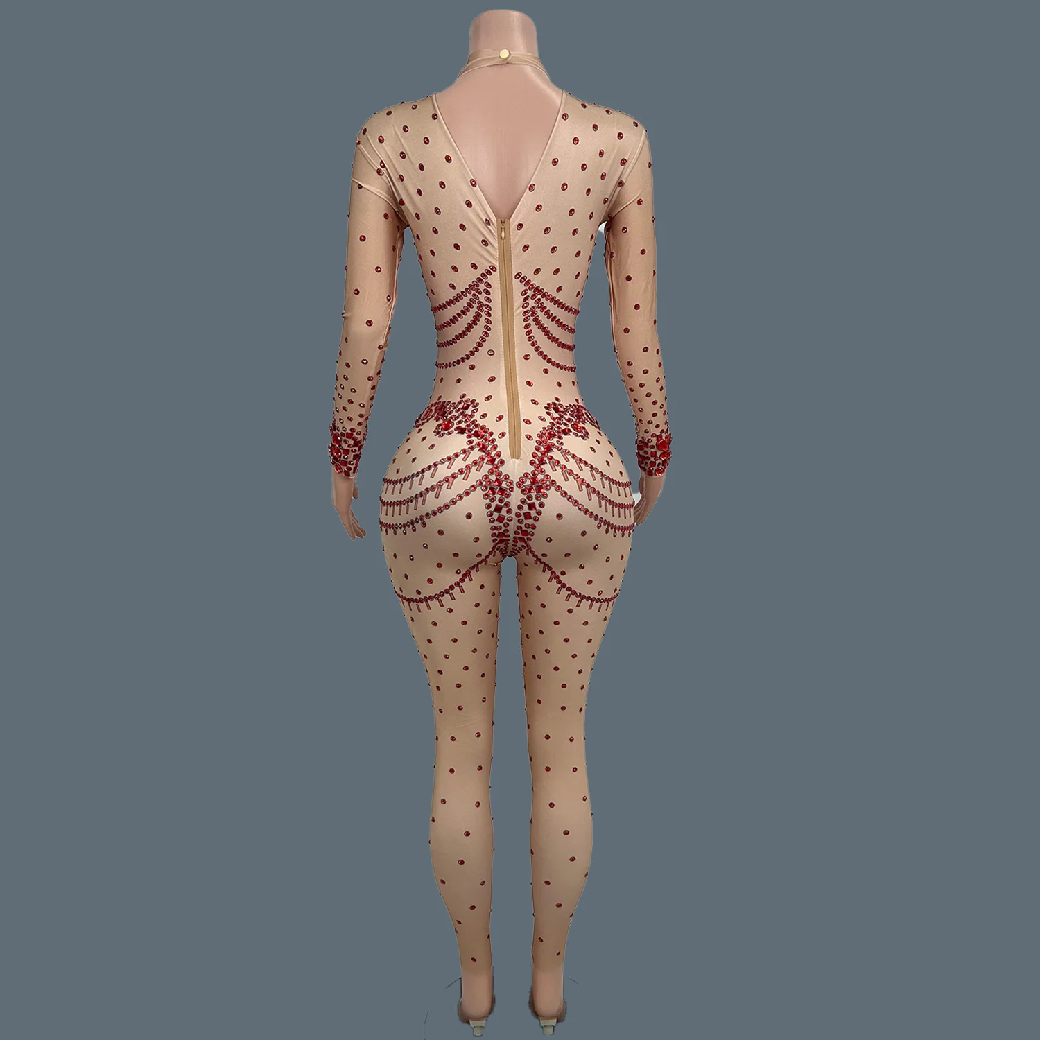 Tuta skinny elastica in spandex Shine Red Strass Nightclub Party Dance Stage Performance Outfit Showgirl Abbigliamento sexy Hongboli