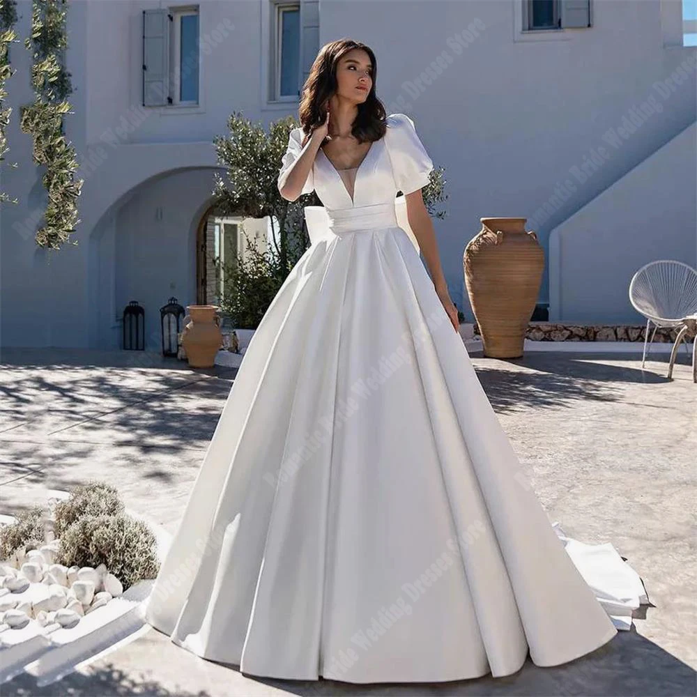 Vestidos De Novia esponjosos con cuello en V para mujer, superficie De satén romántica, vestidos De Novia, trapeador De longitud, Vestido De Novia De princesa, nuevo listado