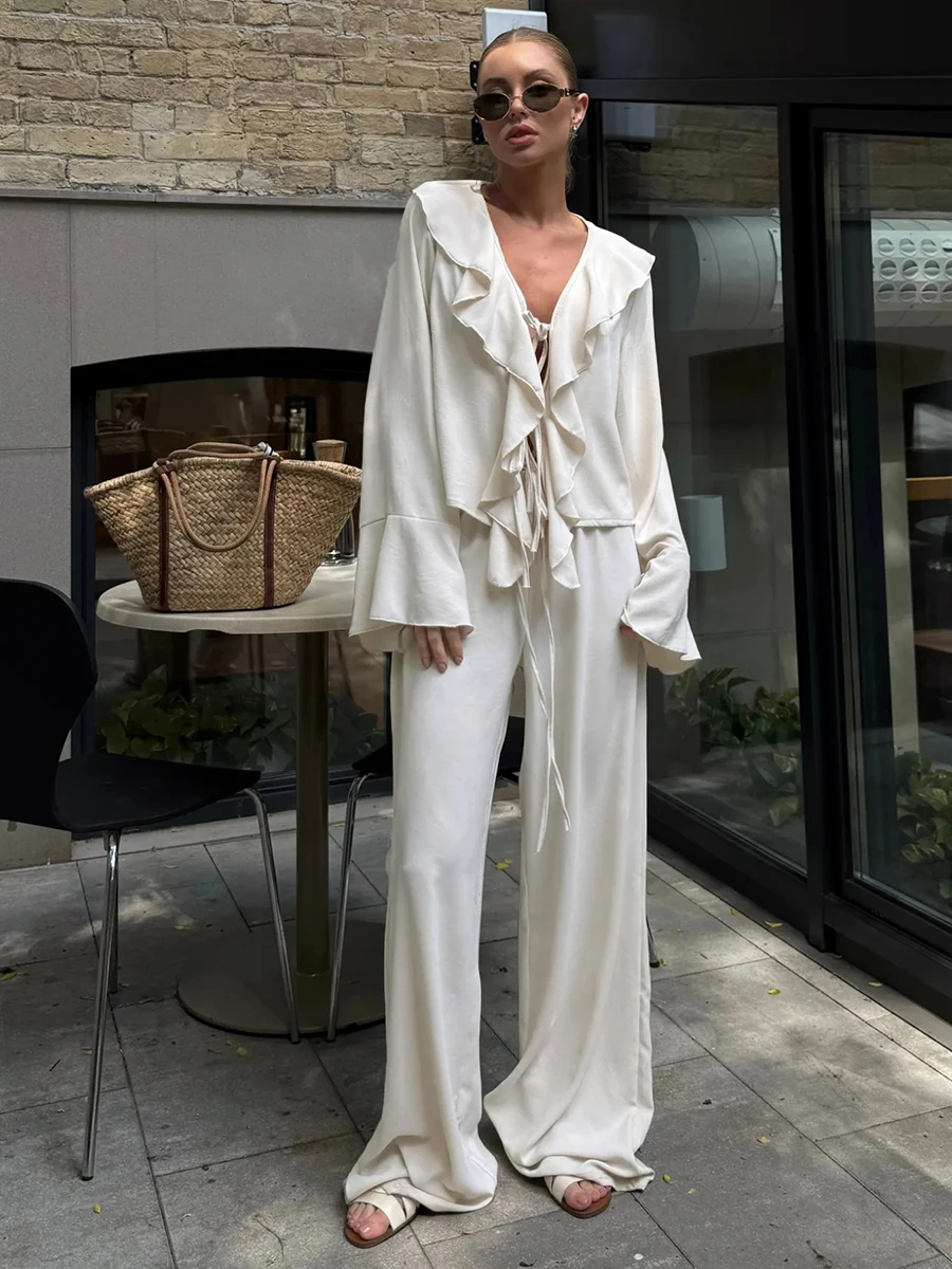 

2026 Women Ruffle Tie Front Blouse & Wide Leg Pants 2 Piece Summer Loungewear Set